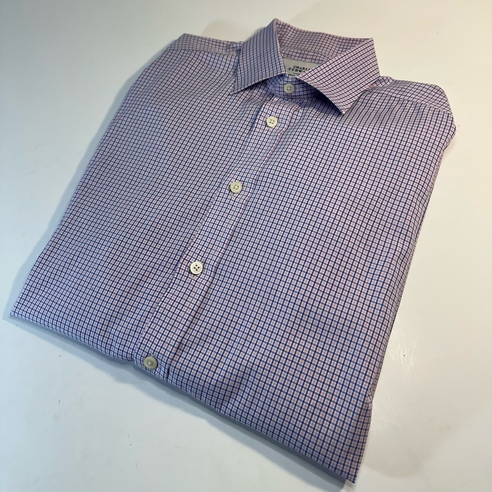 Charles Tyrwhitt Men's Extra-Slim Fit Dress Shirt Pink/Blue Check Non-Iron 16/34